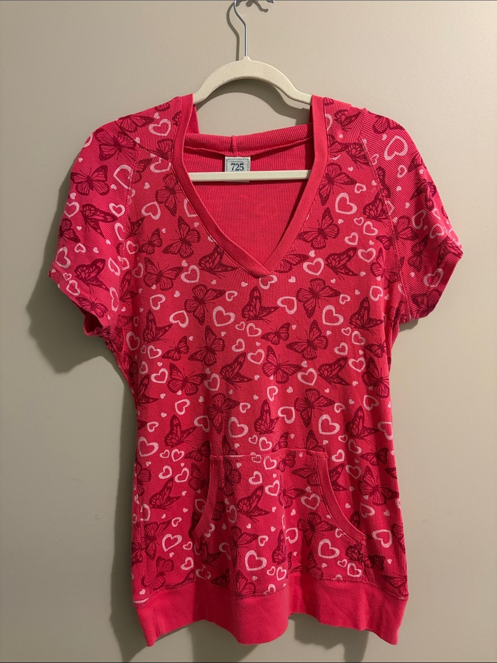 Y2K Women's Pink V-Neck Butterfly & Heart Short-Sleeve Hoodie
